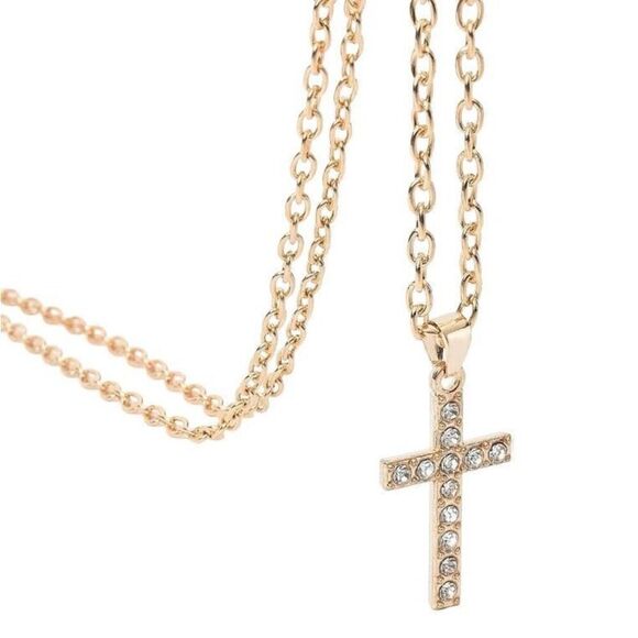 Gold Cross CZ Pendant Necklace Womens 18” 3mm Cuban Link Chain New - Picture 1 of 3